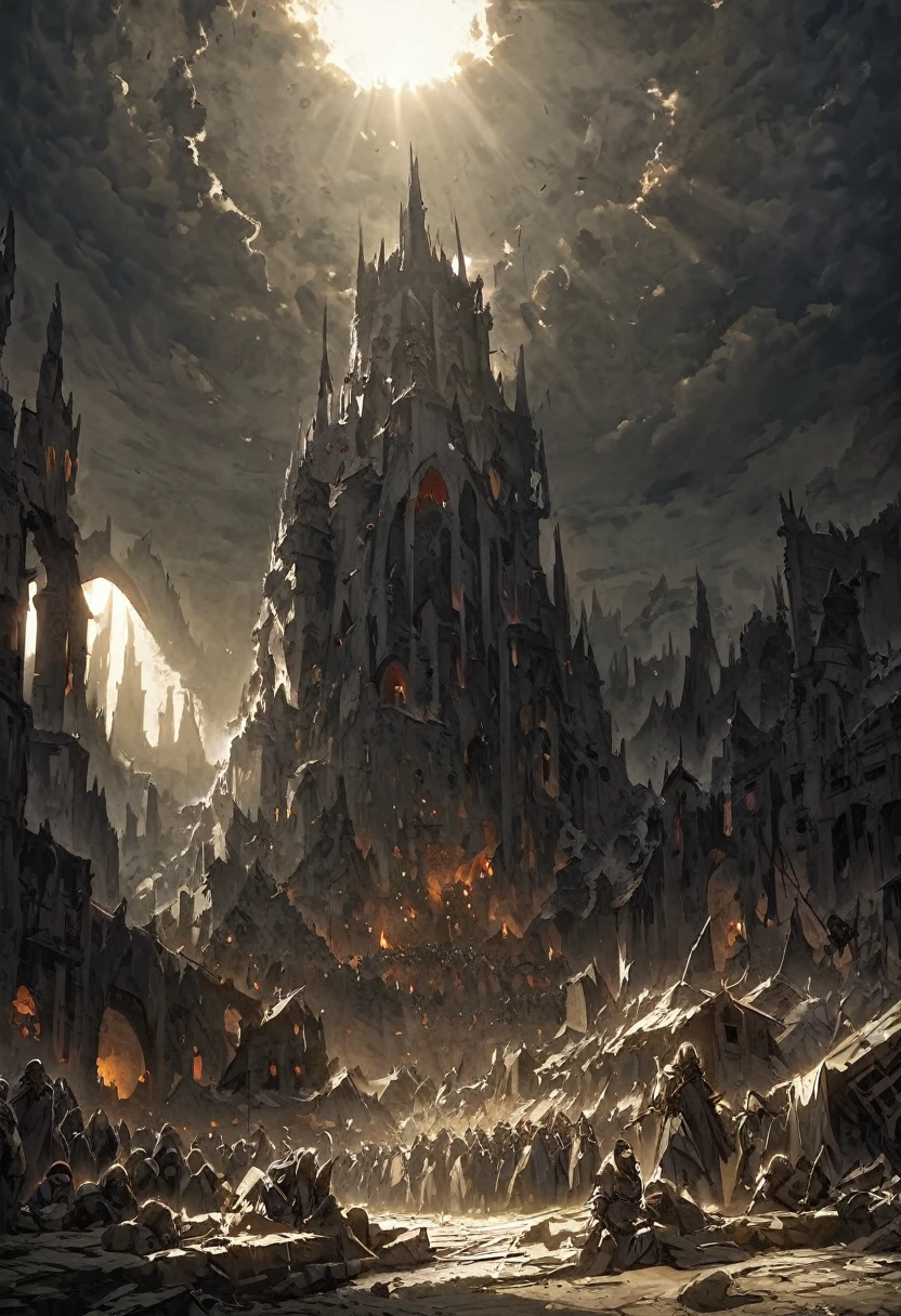 destroyed village, poor crowd in misery receiving divine light, blue skinned horned demons, dark medieval setting