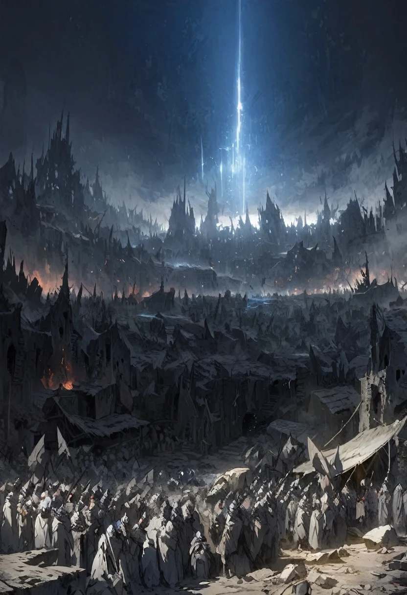 destroyed village, poor crowd in misery receiving divine light, blue skinned horned demons, dark medieval setting
