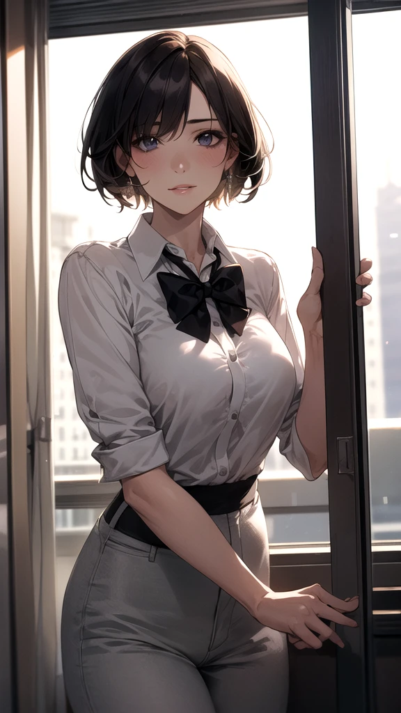 One girl, Mature Woman, Best, bow, Highest quality, employment, Detailed face, office, Building seen from the window, Detailed Background, Diffused sunlight, Depth of written boundary, Bokeh