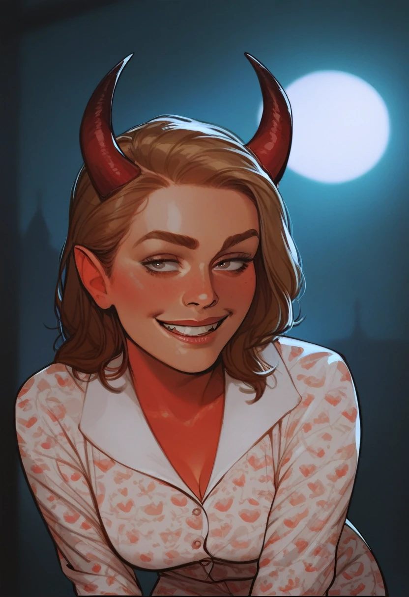 score_9, score_8_up, score_7_up, score_6_up, score_5_up, score_4_up, 1girl, emma_watson, solo, extreme detail, Masterpiece, Best Quality, beautiful, high res image, rating_explicit,evil smile,demon horns, succubus,Expression biting lower lip, red skin, wearing light lace pajamas, leaning forward, (seductive:1.1), night, moonlight,