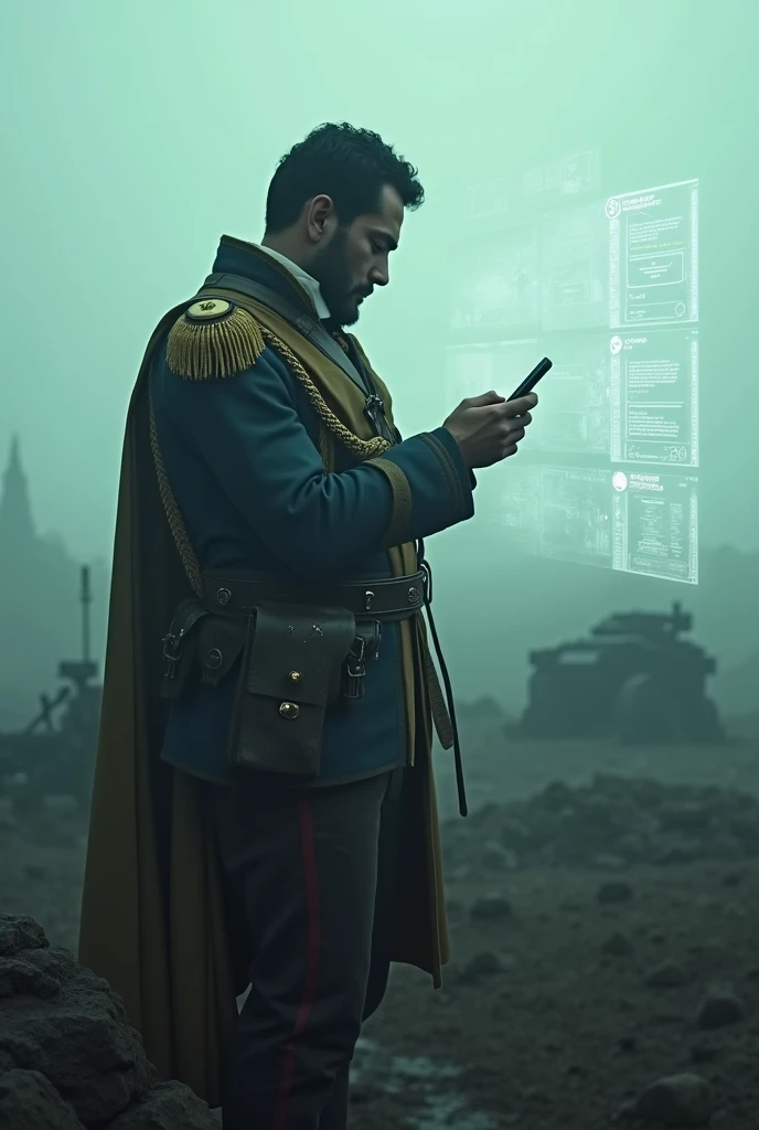 Visualize Simón Bolívar in a historical military uniform, intently looking at his smartphone, surrounded by a foggy morning setting. Notifications and messages from WhatsApp appear as holographic projections around him. The background should include glimpses of a modernized battlefield with traditional elements.