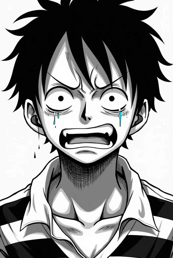 Monkey D. Luffy in black and white striped long sleeve prison uniform with teary eyes and crying