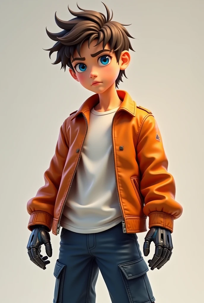 1boy, semi-realistic model, relax, focus to viewer, beautiful lighting, best quality, White T-shirt, brown hair, messy hairstyle, orange leather jacket, Navy blue cargo pants, square shaped blue eyes, determined expression, athletic, robotic body up to the neck, orange skin,(plains:1.4)