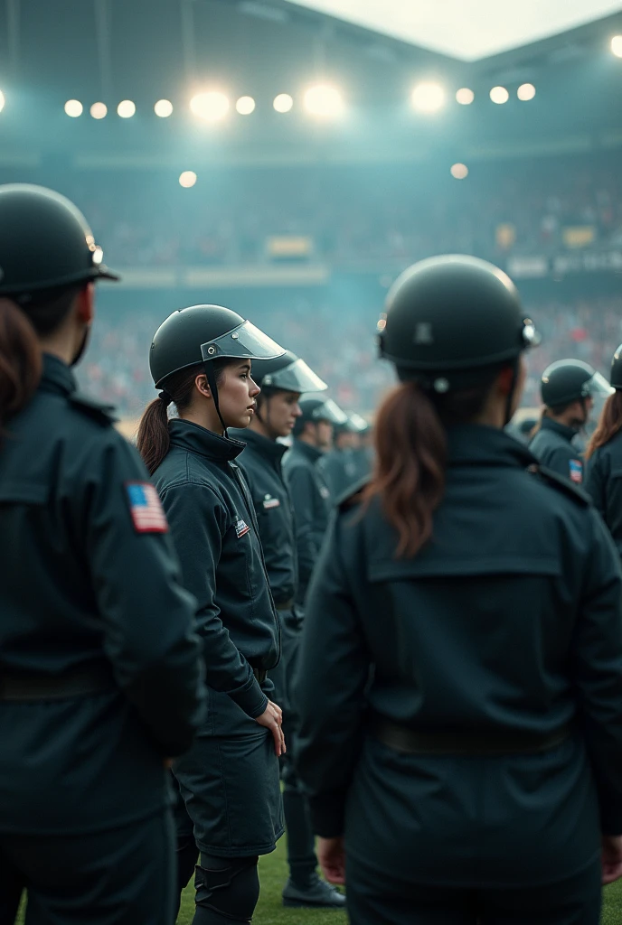 women anti riot officers without helmets are standing in a line in the part of the football stadium with violent fans