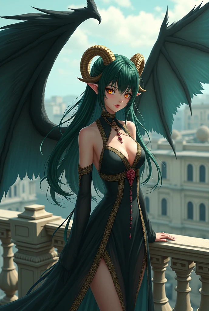 masterpiece、 Highest quality, Highly detailed、8k、 High resolution, (Anime Style)、Fantasy、One Woman、Dark green long hair、A large sheep's ingrown horn next to the ear、Pointed Ears、Golden Eye、Big Black Devil Wings、BREAK Black asymmetrical sheer dress with gold and red embroidery、The roof of the mansion、From an angle、