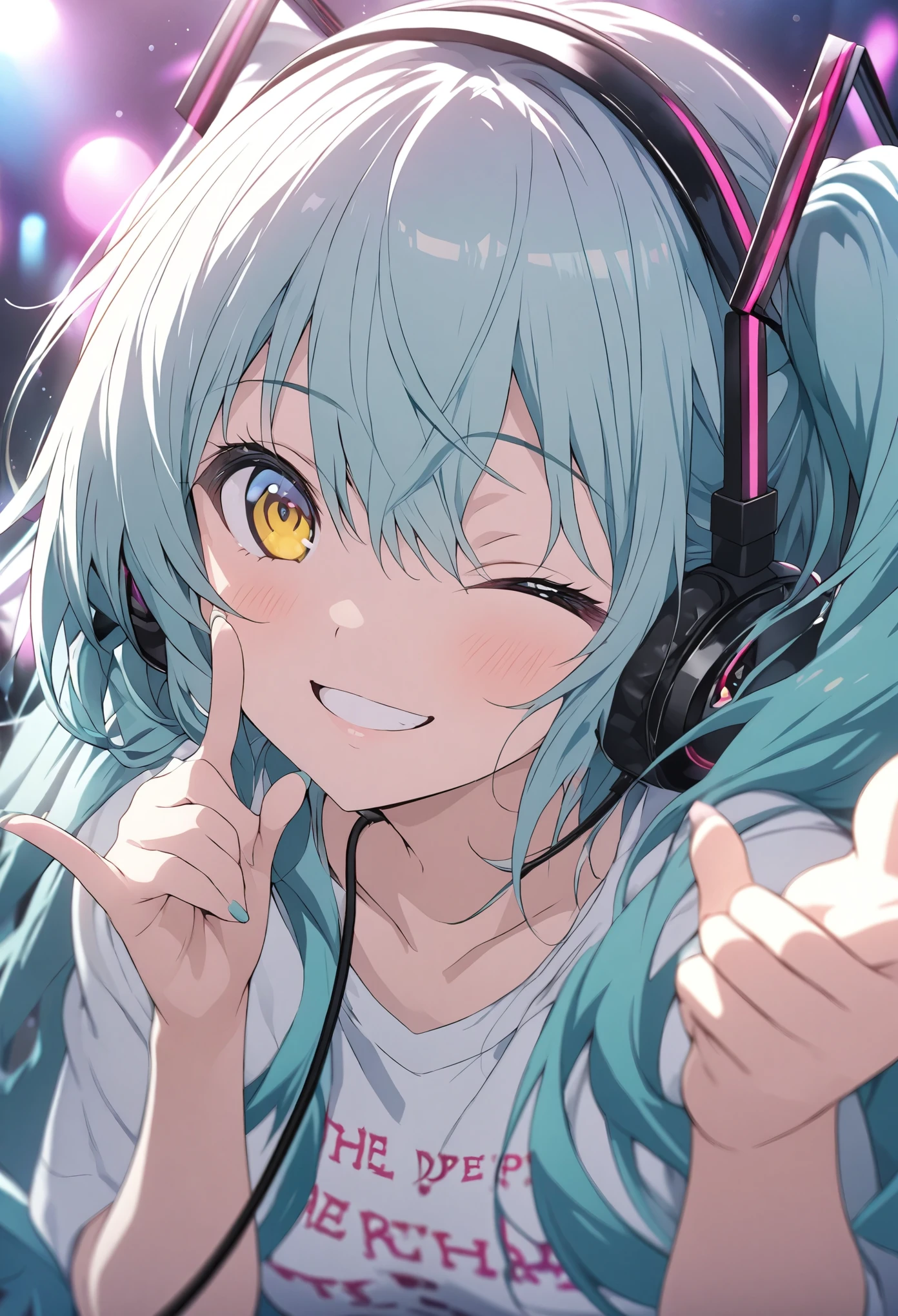 Hatsune Miku、masterpiece, Highest quality, Highly detailed CG Unity 8K wallpapers, High School Girl Anime Illustration. headphone microphone、Finger gun pose、she has her eyes closed and mouth open, smile. The background is a live stage with neon lights shining, white hair color, Yellow Eyes, The depth of deep writing、bokeh photography, (soft focus):1.2, out-of-focus highlights, dreamy ambiance, glowing circles, mesmerizing depth、Deep depth of field