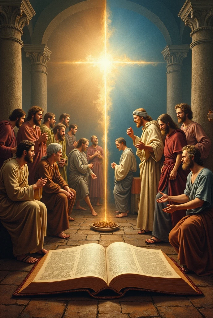 The painting, Split in half, displays the Old and New Testaments, with an open Bible in the center.
to the left, the Old Testament is represented with realism, highlighting Moses receiving the Tablets of the Law, the Ark of the Covenant and figures such as David and Solomon in detailed historical settings.
On the right, the New Testament shows the birth of Jesus, the Sermon on the Mount and the Crucifixion and Resurrection, with apostles and early Christians in an equally realistic style.
The central Bible symbolizes ac