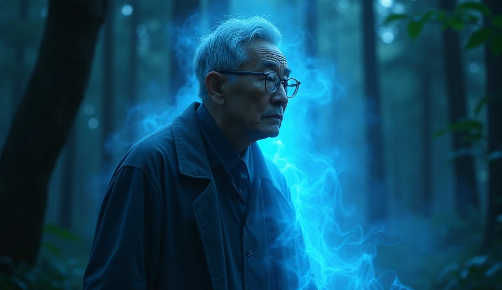 An old professor, wearing glasses that reflected profound ancient wisdom, short hair, Asian had a slight blue aura emitting from him at night, and his face was sorrowful. The background was a dark forest.