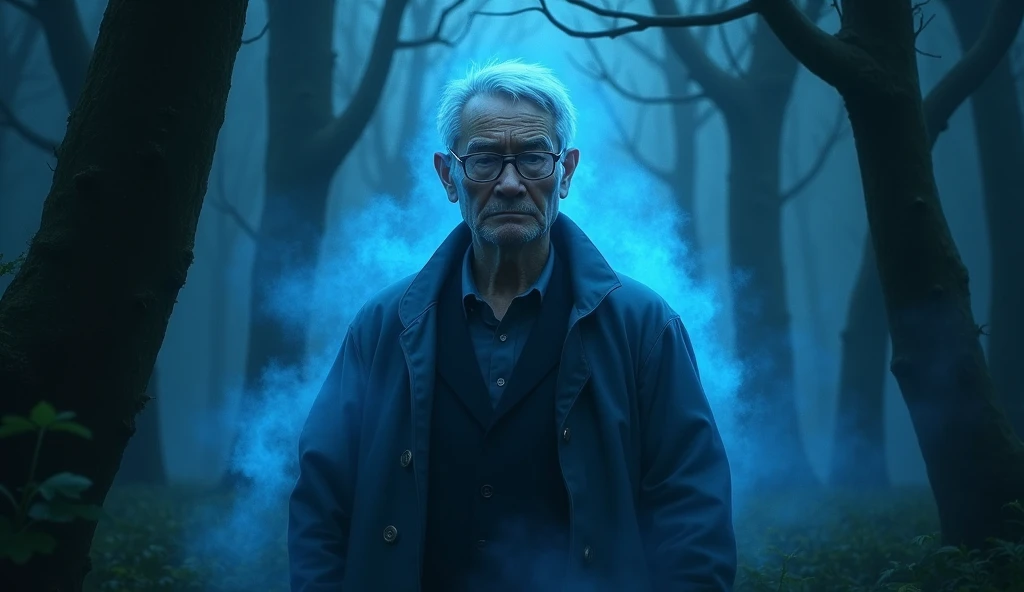 An old professor, wearing glasses that reflected profound ancient wisdom, short hair, Asian had a slight blue aura emitting from him at night, and his face was sorrowful. The background was a dark forest. 