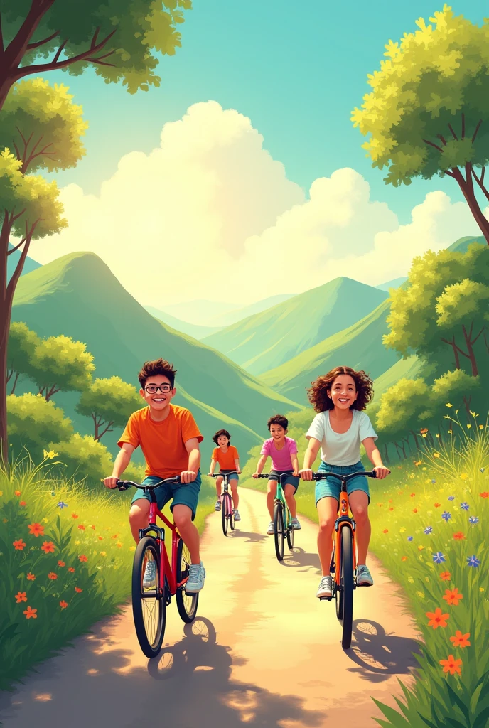 Make a banner for cycle rental website with warm and beautiful colour in artistic impressions in horizontal for in 3rd person without and a little realistic