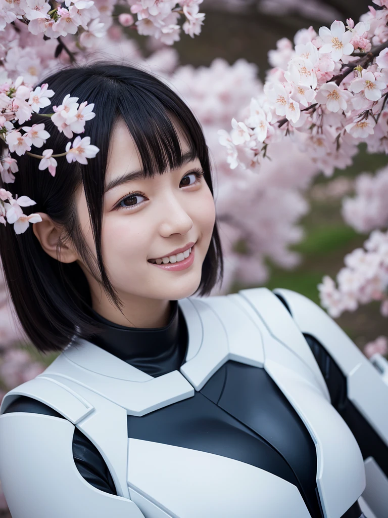 Japanese female android,Black Hair,White and blue robot suit,Plump,Looking up at the cherry blossoms in full bloom,Close-up,smile,SakuraFubuki