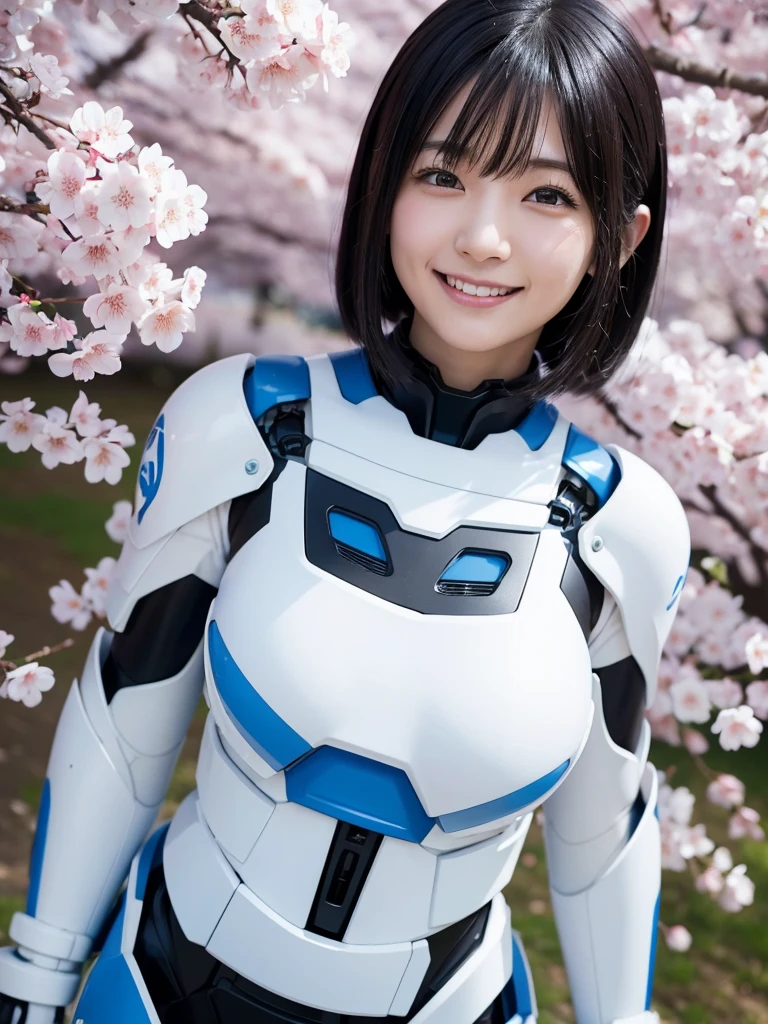 Japanese female android,Black Hair,White and blue robot suit,Plump,Looking up at the cherry blossoms in full bloom,Close-up,smile,SakuraFubuki