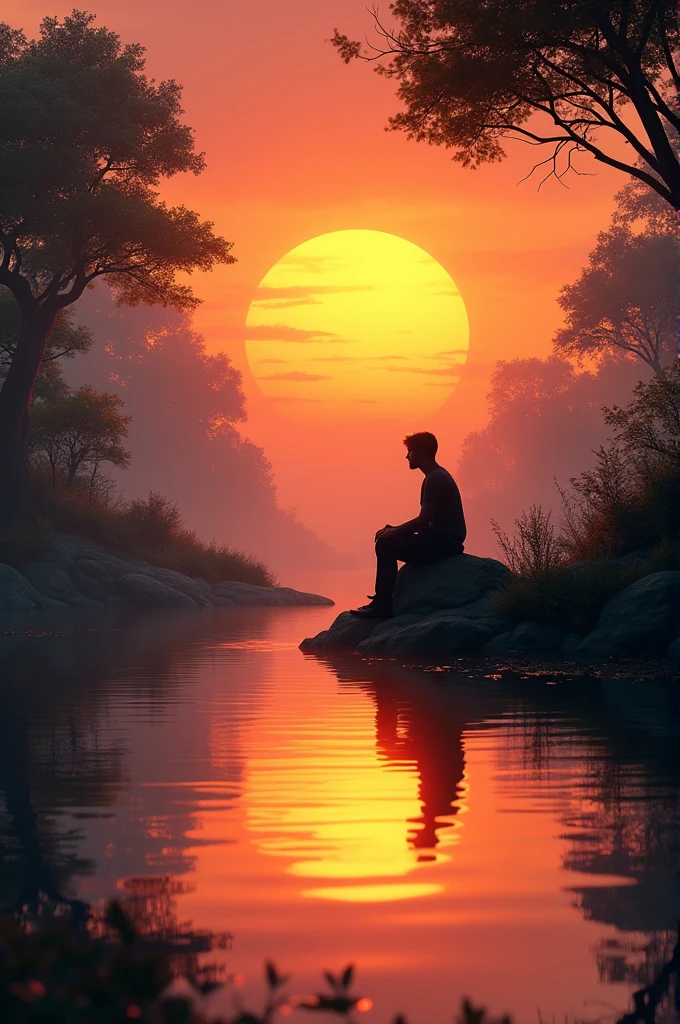 A vibrant sunset reflecting in the still pond water, with Fynn sitting contentedly atop his favorite rock.