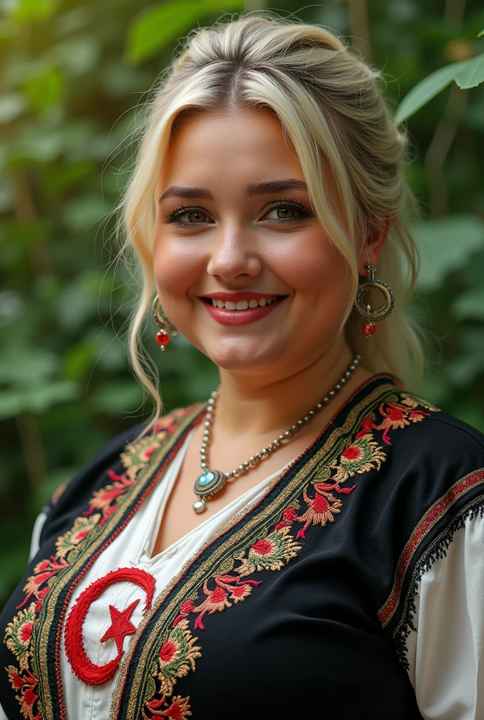 Close-up of a blonde, plump woman, wearing a black and white embroidered and decorated dress, with the Algerian flag over it, perfect clarity of the entire image, sharpness of the face and eyes, intricate details 64k 32k HDset green nature background