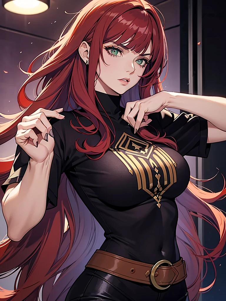 green eyes, red hair with long bangs, noble. wavy long hair. strong woman. she quiet. wear purple and black t shirt. dominant woman. mafia. mature woman. girl boss. badass woman. gangster. hair so long have bangs. gangster