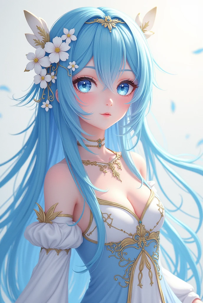 A very beautiful anime style girl super ultra HD 8k high quality resolution Create a portrait of an ethereal, fantasy character with long, flowing, light blue hair. Her hair is adorned with delicate white flowers and gold accents, including a subtle hairpiece. She has striking blue eyes that convey a sense of calm and wisdom. The character's attire is elegant and intricate, with a mix of white and light blue fabric featuring gold embroidery and embellishments. She holds a small bouquet of soft p