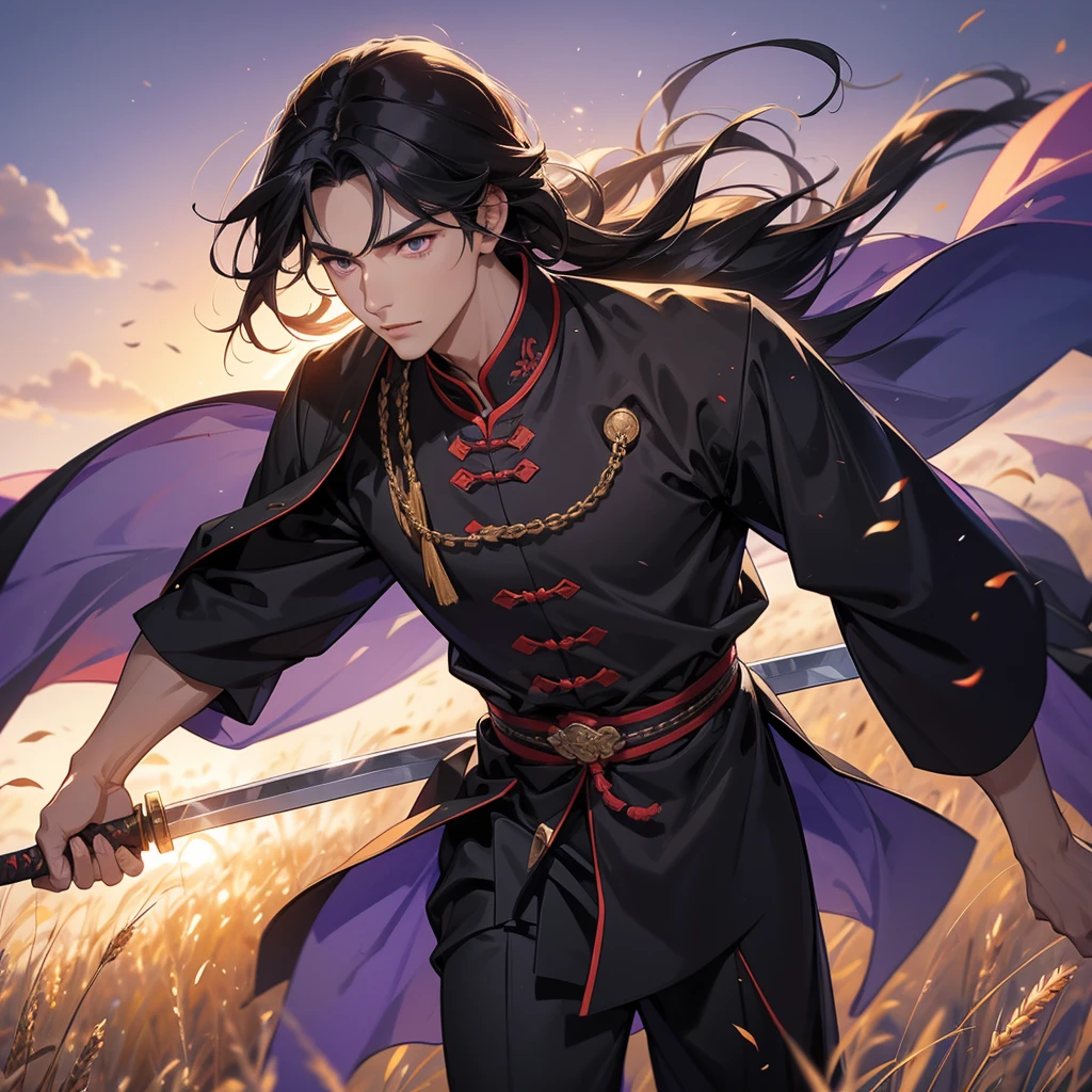 Handsome black-haired male general holding a large sword in black-violet ancient Chinese costume, Standing in the middle of wheat field, sunset, close up.