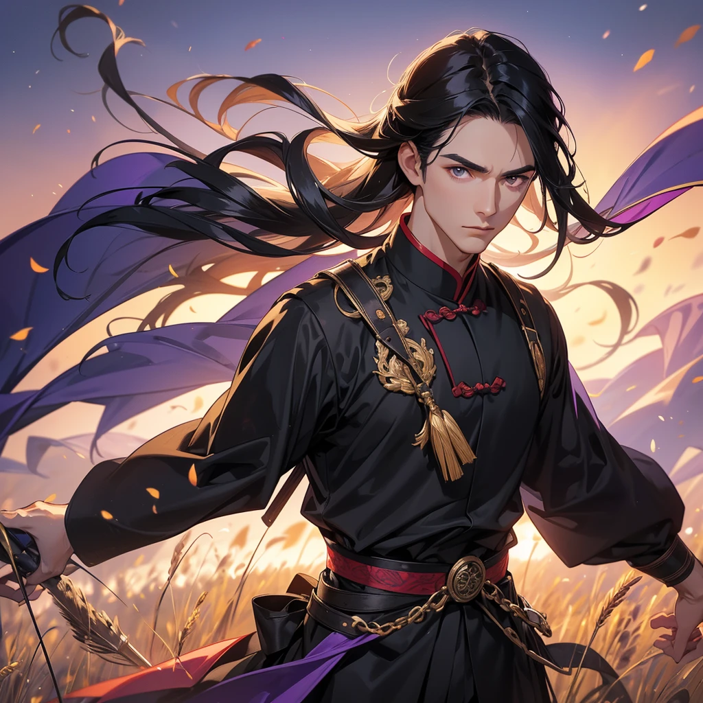 Handsome black-haired male general holding a large sword in black-violet ancient Chinese costume, Standing in the middle of wheat field, sunset, close up.