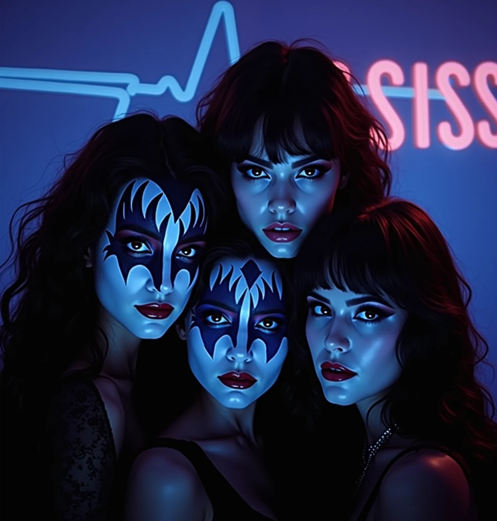 (Masterpiece.UHD.photorealistic) 4 ultra hot gorgeous European women. Age 23. Female kiss rock band.attractive beautiful women, age 23. Full lips. Gorgeous face. Epic cleavage.(100e breast size) kiss rock band makeup. Neon sign with text « KISS »
