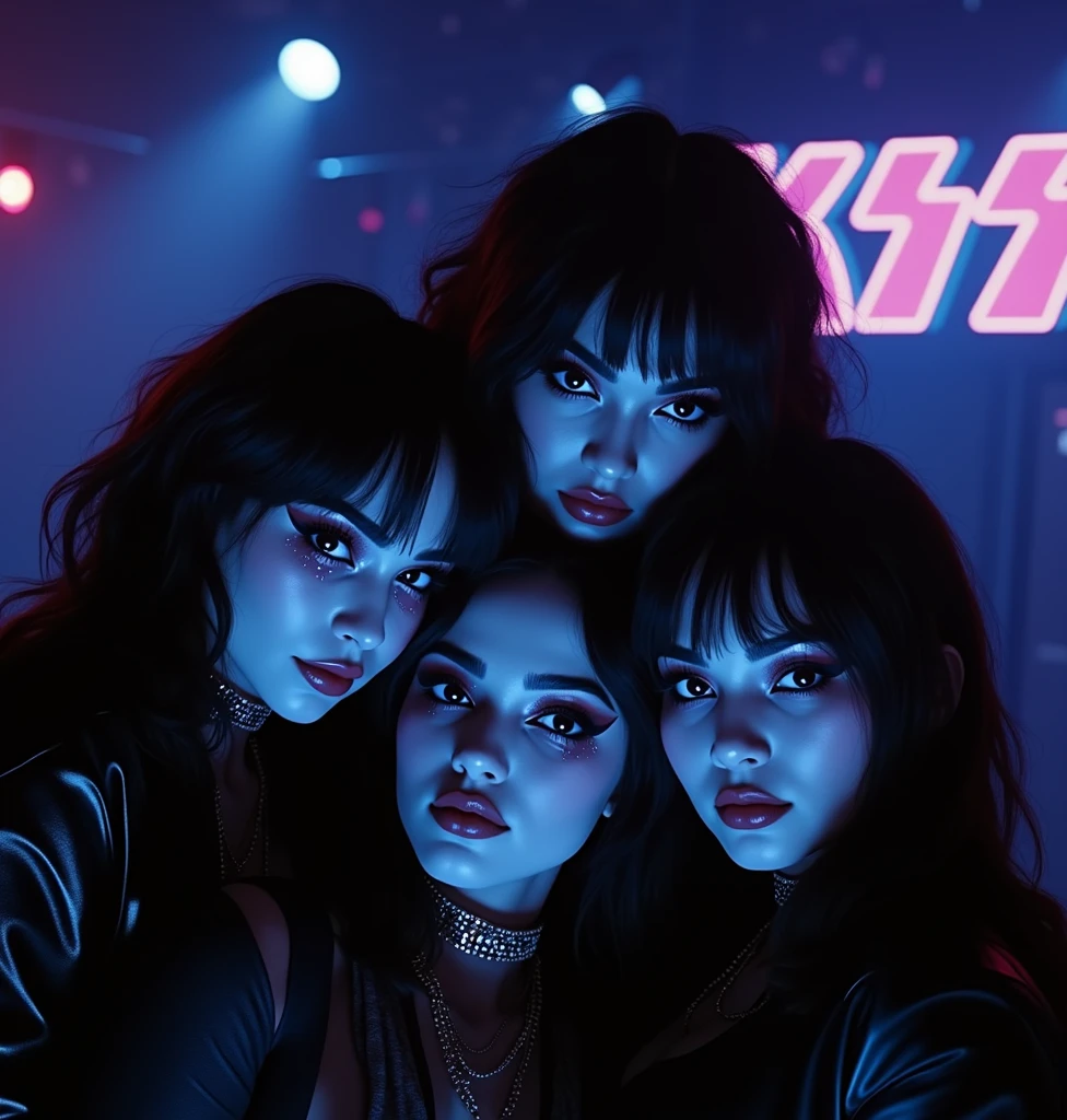 (Masterpiece.UHD.photorealistic) 4 ultra hot gorgeous European women. Age 23. Female kiss rock band.attractive beautiful women, age 23. Full lips. Gorgeous face. Epic cleavage.(100e breast size) kiss rock band makeup. Neon sign with text « KISS »