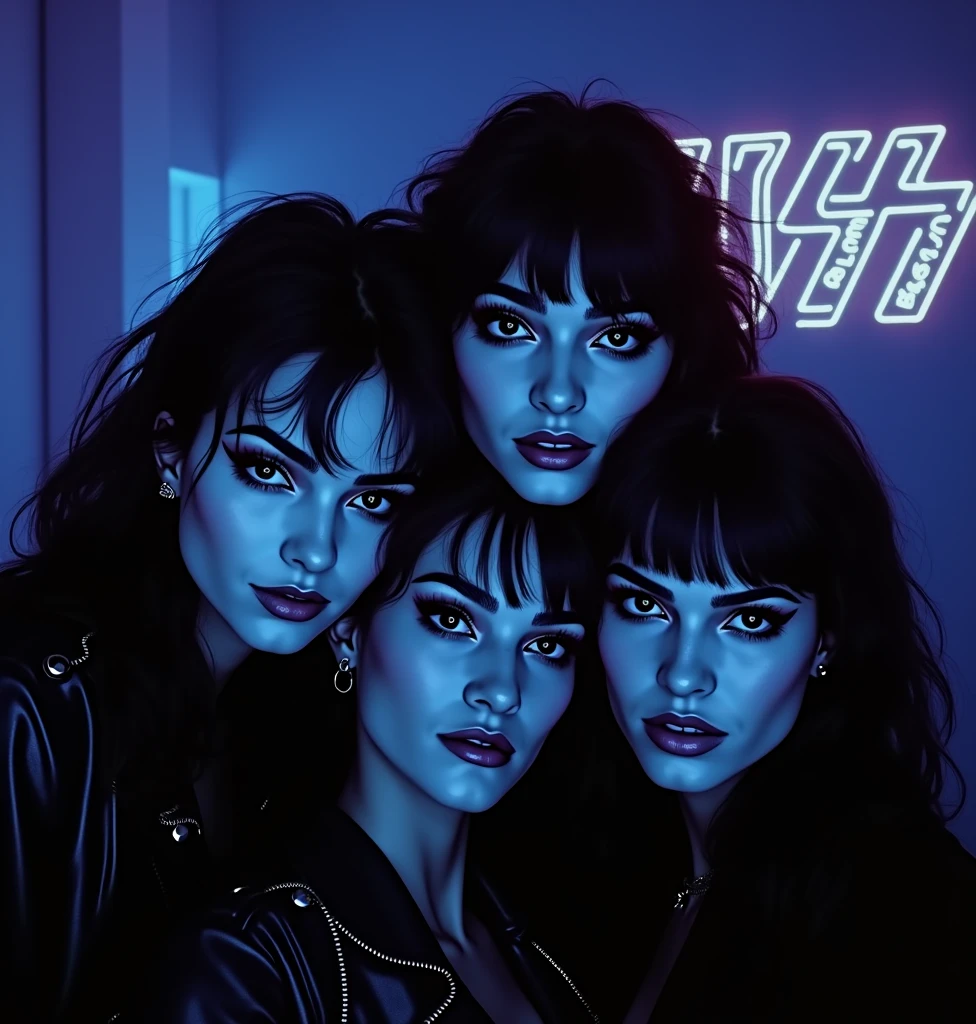 (Masterpiece.UHD.photorealistic) 4 ultra hot gorgeous European women. Age 23. Female kiss rock band.attractive beautiful women, age 23. Full lips. Gorgeous face. Epic cleavage.(100e breast size) kiss rock band makeup. Neon sign with text « KISS »