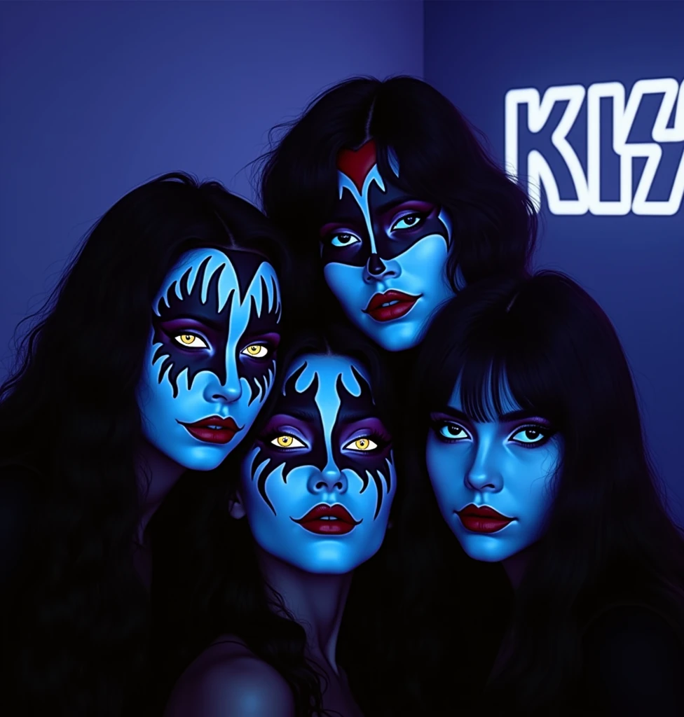 (Masterpiece.UHD.photorealistic) 4 ultra hot gorgeous European women. Age 23. Female kiss rock band.attractive beautiful women, age 23. Full lips. Gorgeous face. Epic cleavage.(100e breast size) kiss rock band makeup. Neon sign with text « KISS »