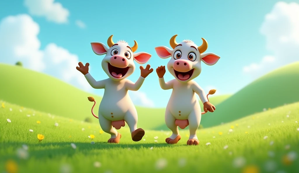 Funny 2cow  dance & singing with green Field  3d