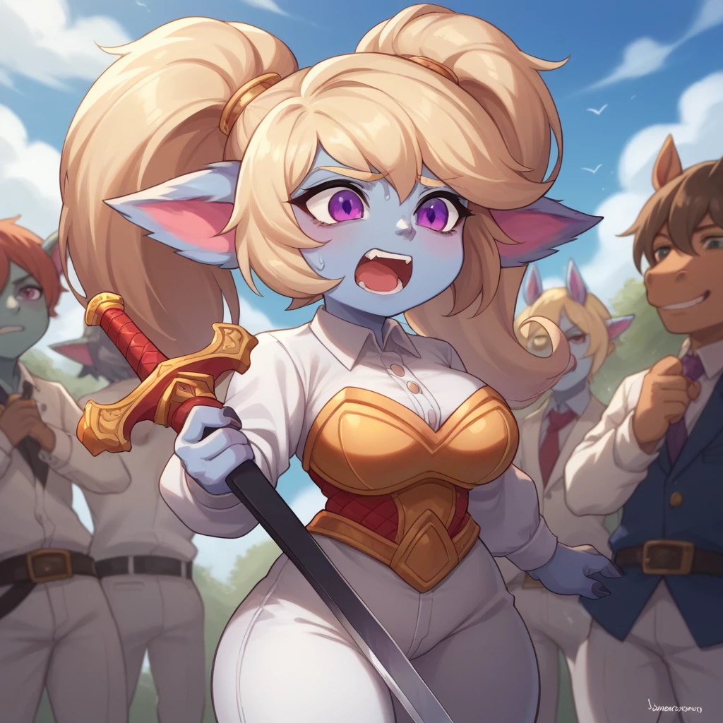 poppylol, Yordle, small pile, colored skin, rubio_hair, purple_eyes, big breasts, brave sad expression, Singing, dressed as a prince, white pants, White suit, white pants. White shirt, in a hurry, sword, horse, montando un horse