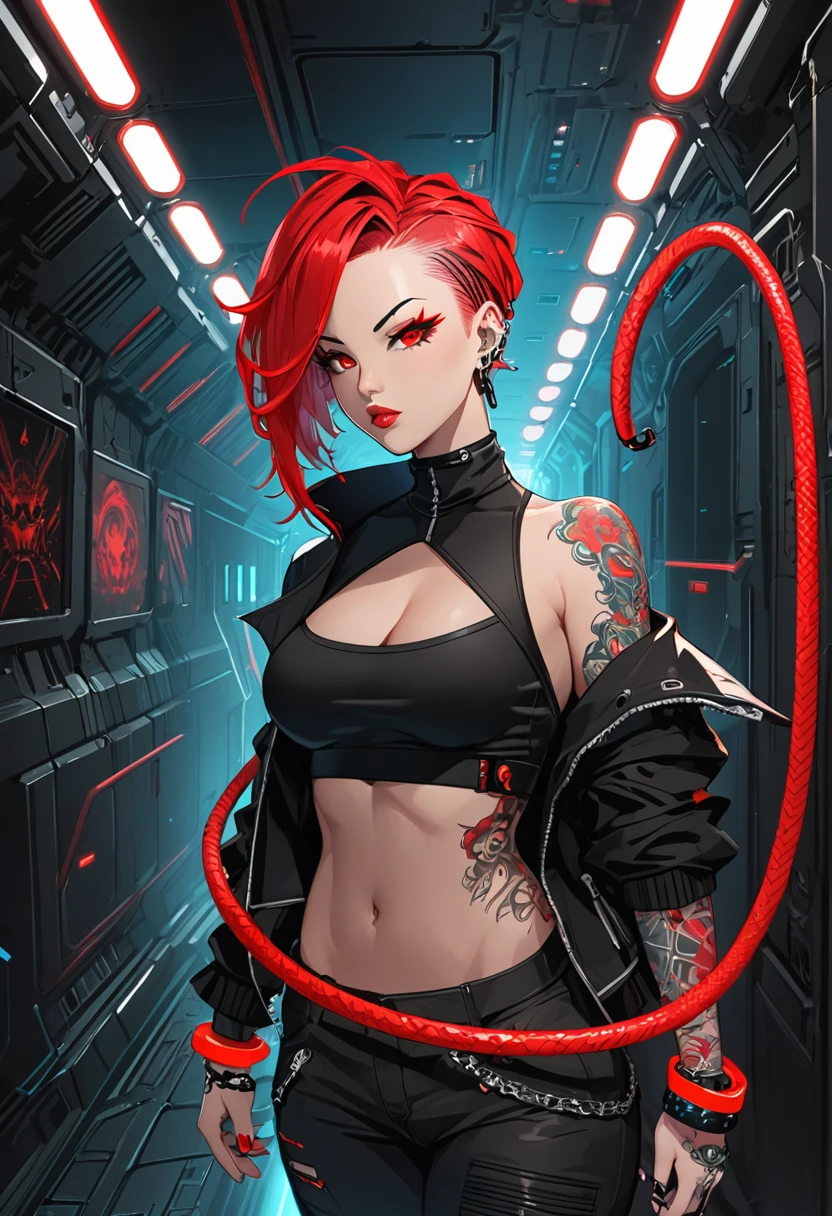 Create 2D art of an anime character. detailded. best qualityer. work of art. Christy Mack, beautfull woman, arched eyebrow, neon red eyes, blackquality hair, pixie cut and mohawk, with red dreadlocks, cyber plugs on the body and tattoos. Wearing a black jacket and a red and black crop top. He wears a technological bracelet on his right hand., e do bracelete, a neon red whip comes out. Environment is a corridor of a spaceship. Arte de estilo anime opera space e dark fantasy. Dead Space-like environment.