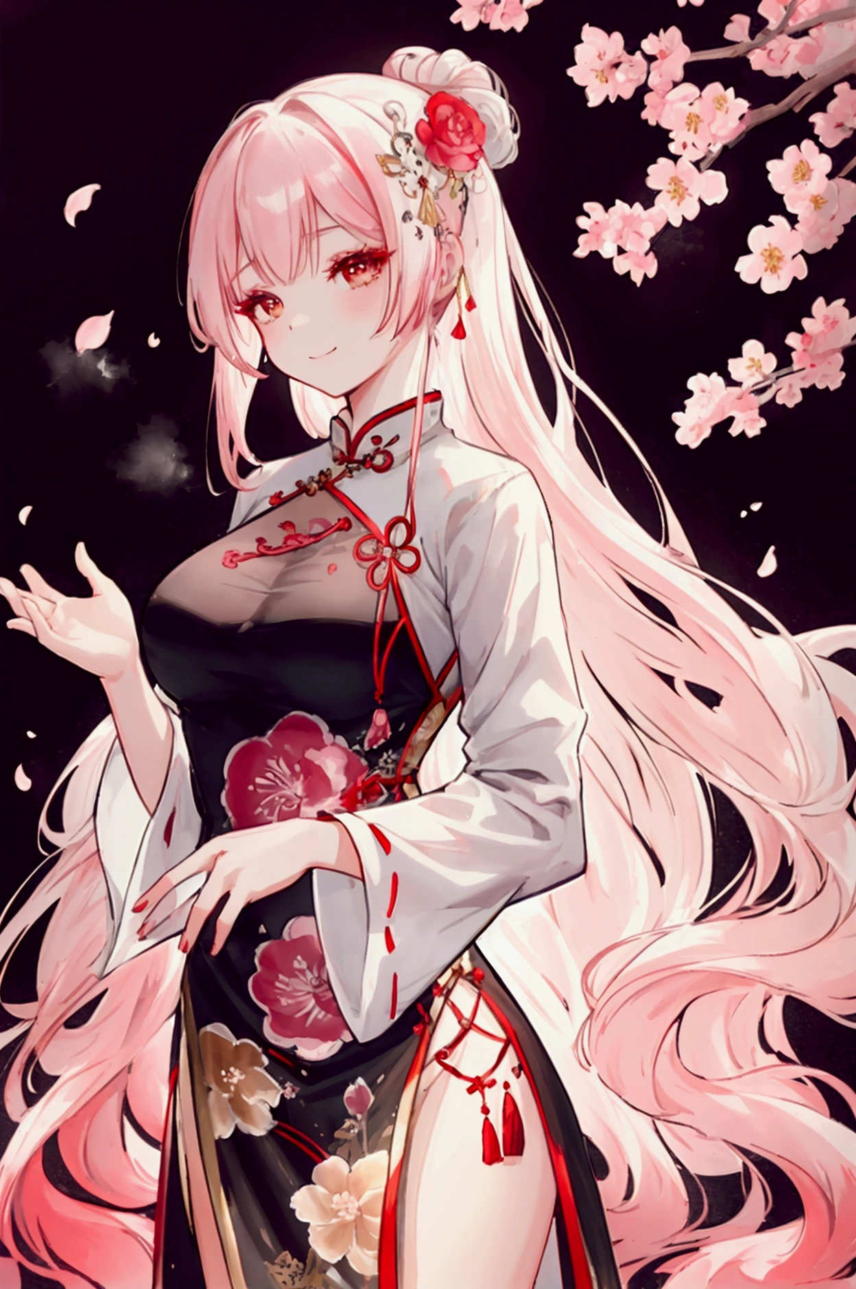 (best quality,highres),ink painting style,1girl,traditional cheongsam dress,cherry blossom background,detailed floral patterns,long flowing hair,intricate hair accessories,soft and elegant expression,fine brushstrokes,colorful makeup,subtle smile,dainty posture,graceful hand movements,serene atmosphere,subdued lighting,slight misty effect,vibrant colors,vintage charm