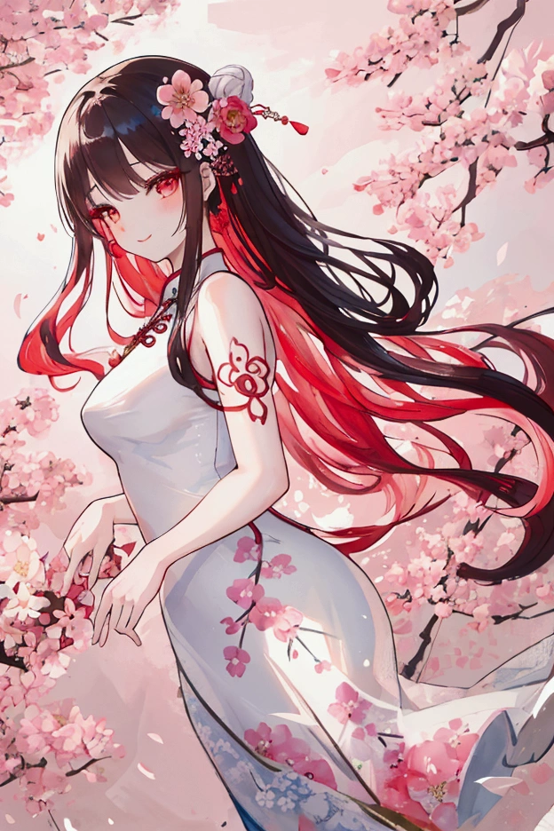 (best quality,highres),ink painting style,1girl,traditional cheongsam dress,cherry blossom background,detailed floral patterns,long flowing hair,intricate hair accessories,soft and elegant expression,fine brushstrokes,colorful makeup,subtle smile,dainty posture,graceful hand movements,serene atmosphere,subdued lighting,slight misty effect,vibrant colors,vintage charm