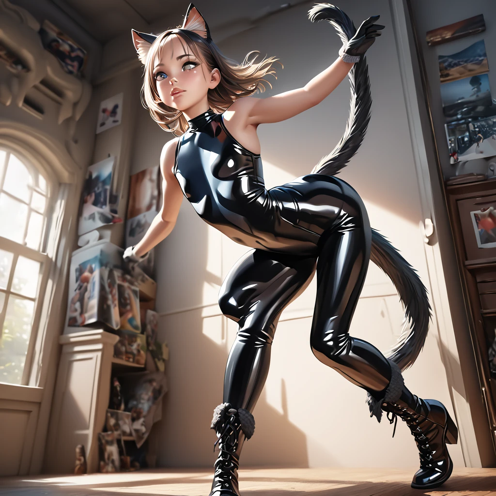 a cute kitten in a black latex catsuit, wearing tail boots and gloves, photorealistic, shiny body, detailed facial features, beautiful eyes, adorable expression, dynamic pose, intricate costume details, soft lighting, vibrant colors, glossy textures, (best quality,4k,8k,highres,masterpiece:1.2),ultra-detailed,(realistic,photorealistic,photo-realistic:1.37),cinematic lighting,highly detailed,professional rende