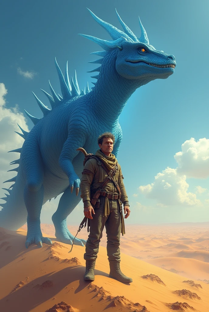 A man with blue diamasaur in the top of desert