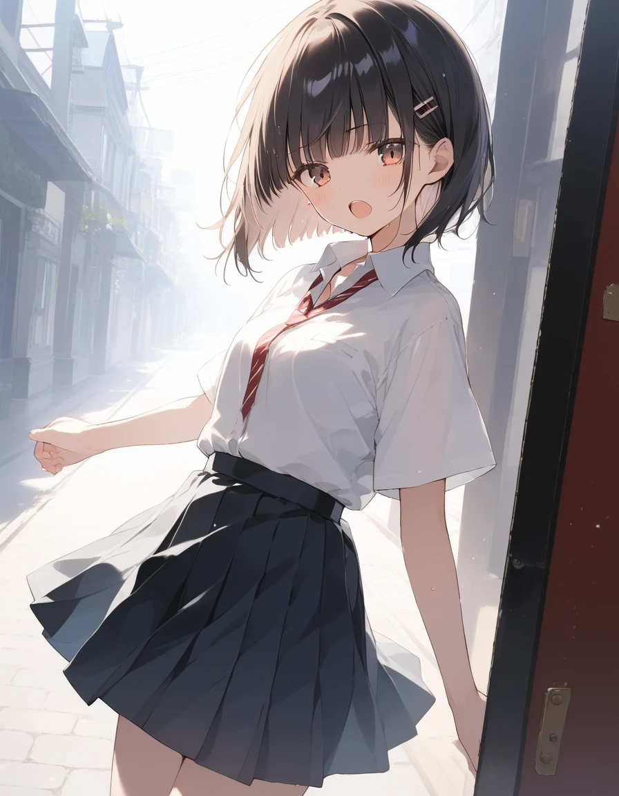 score_9, score_8_up, score_7_up, source_anime, best quality, masterpiece, official art, absurdres, highres, ultra-detailed,waifu2x,Collection: Slice of Life,break,1girl, very short hair, blunt bangs, hime cut, small breasts, beautiful detailed eyes, collared shirt, pleated skirt, sweat, open mouth, (yawn:0.3), expressionless,cool beauty, outdoors, (Detailed Lighting), (Detailed background),break,(clear line illustration:1.2), super detailed skin,very high resolution, very aesthetic, Best sexual lighting powered by famous artist, 8k, 16k, cute picture,beauty illustration,photoshop_(medium),,(Detailed Lighting),best anime 8k konachan wallpaper, pixiv contest winner, ((artist:takeuchi_takashi )),