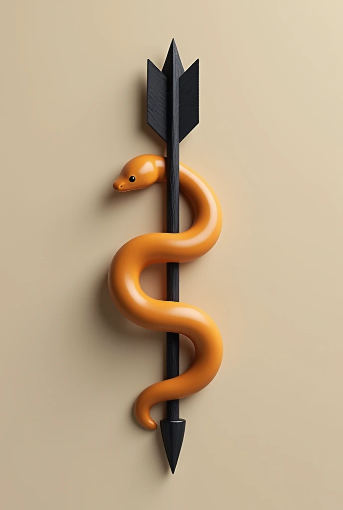 Create a 3d image for a logo, containing a thin snake, small and harmless with smooth, ochre-yellow skin, loosely wound around a long, thin wooden arrow with a rounded tip, with rustic hand-carved appearance and black color