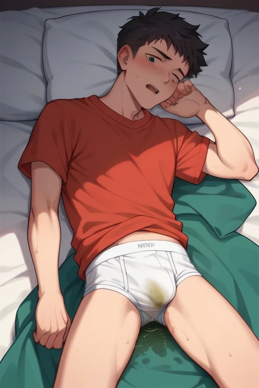 In the morning bedroom, 20 years old, a slender and mascular young man exposes his tighty whities. White briefs. He is lying on the bed. he is peeing himself. He is pissing his bed. There's a pee wet spot on his briefs, pee stain on his crotch.
