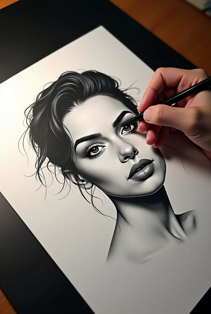 See hand black IS drawing on a paper a portait of woman face with short hyper Realistic finish ,in black and with on a paper white A3; the drawing IS on a desktop black with light of desktop.