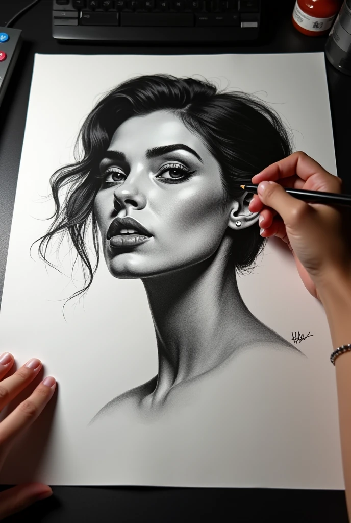 See hand black IS drawing on a paper a portait of woman face with short hyper Realistic finish ,in black and with on a paper white A3; the drawing IS on a desktop black with light of desktop.