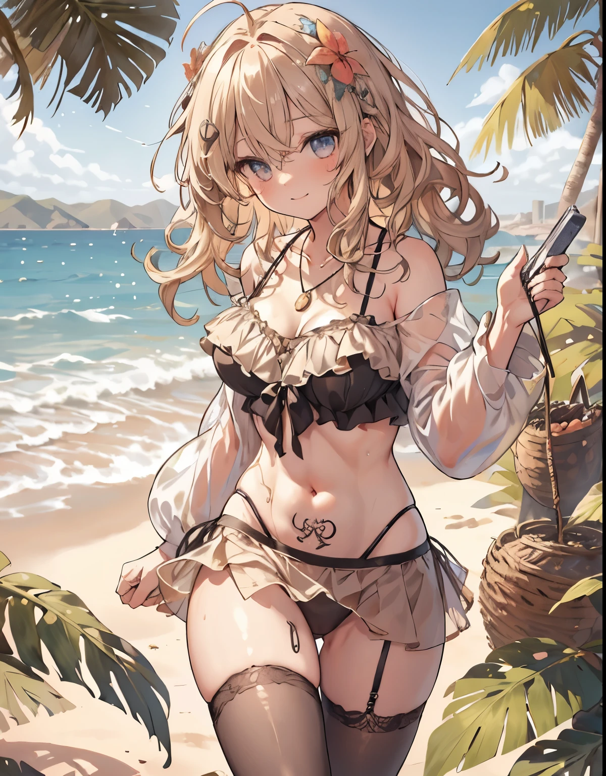 masterpiece, 1 girl, sparrow, a blonde haired girl, wearing a beach clothes, curly medium hair, messy hair, slim body, he close her left eye, shirt ornament, ruby eyes, ahoge, baby face, long sleeves, beautiful eyes, white stocking, droopy eyes, her age is 19, nagisa_bluearchive, seductive face, medium hair, seductive smile, curly hair, villa on the beach, MongolPunkAI, medium breasts, view from right down, she tease you, lend a hand to you, she very close to you, smug smile, rainbow_one, leaf tanktop, leaf skirt, crocth tattoo, necklace, navel, panties