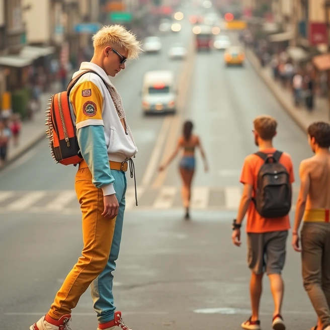 With a beach-colored punk suit and in the middle of a street in the city center