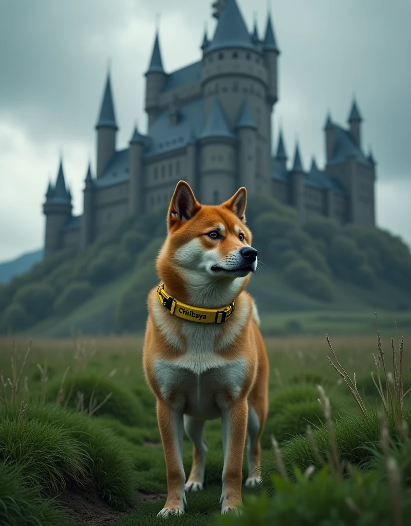 A Shiba Inu breed dog with a yellow collar engraved with his name, "Chiribaya", The furry one is standing in a field of grass. standing in front of a large, dark, sinister looking castle with many towers. The sky is cloudy, with dark clouds.