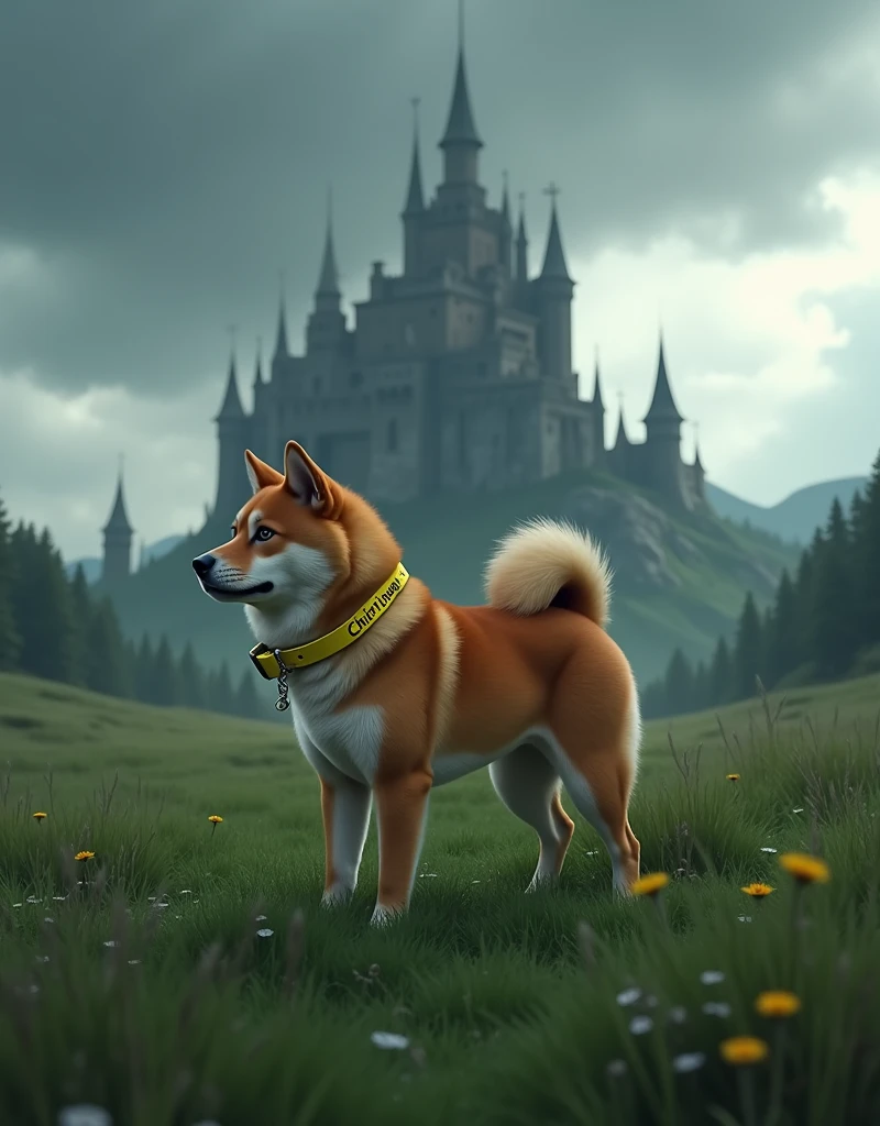 A Shiba Inu breed dog with a yellow collar engraved with his name, "Chiribaya", The furry one is standing in a field of grass. standing in front of a large, dark, sinister looking castle with many towers. The sky is cloudy, with dark clouds.