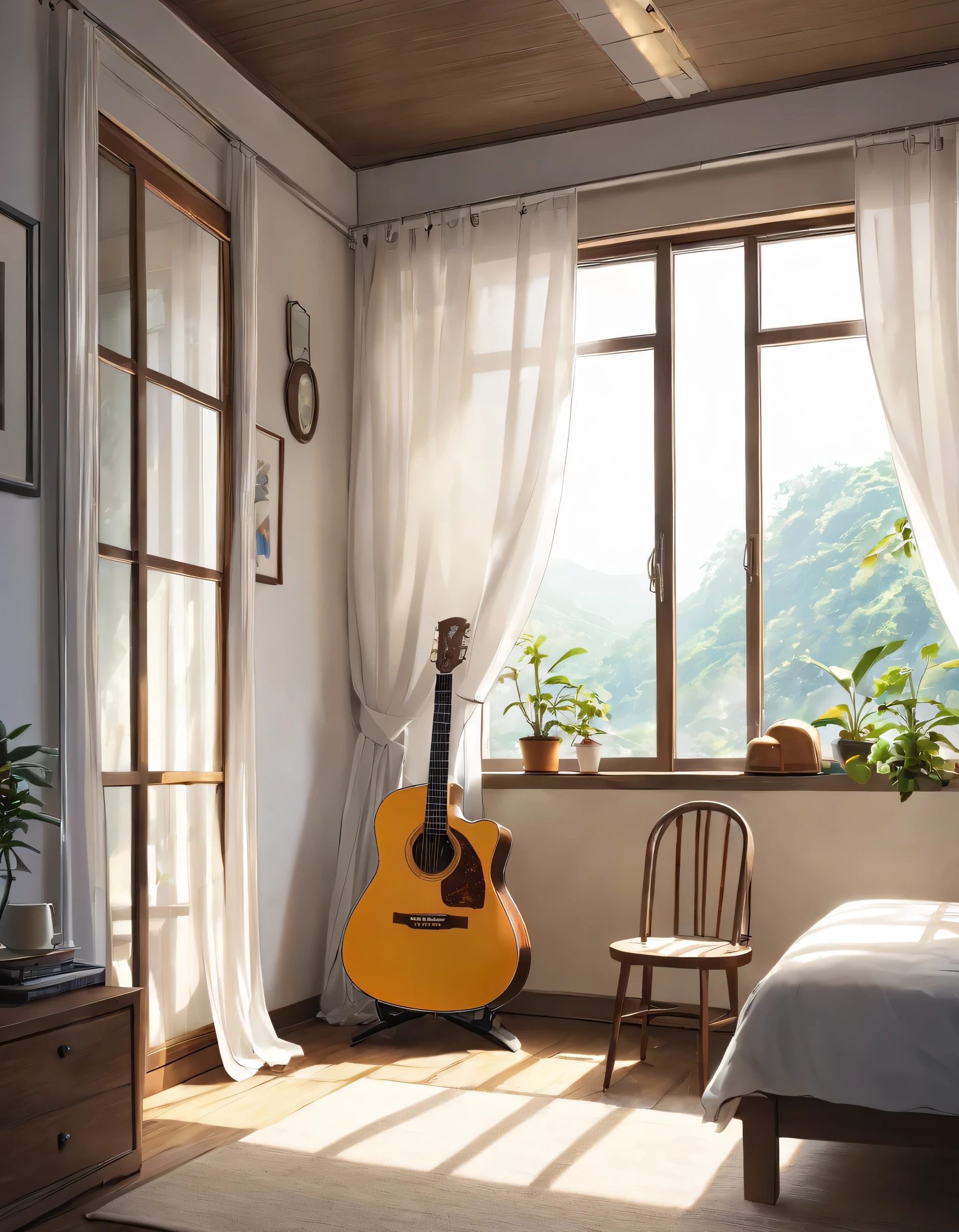 The window is open and the white curtains flutter、A room with a guitar