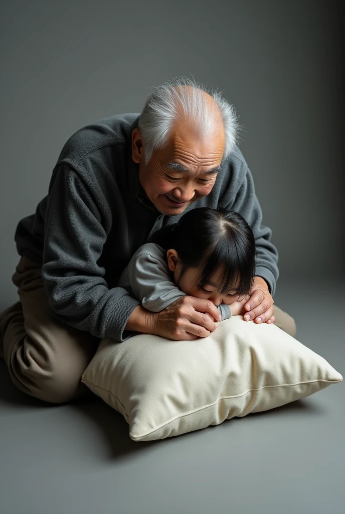 Korean grandpa and  Korean girl,Gray photography background，wrestle，floor pressing、Grandpa holds granddaughter down on pillow，High angle shot，granddaughter&#39;s face，suppress from behind， school female idol，A thousand flavors，Grandpa kneels down、Grandpa is directly above his granddaughter，