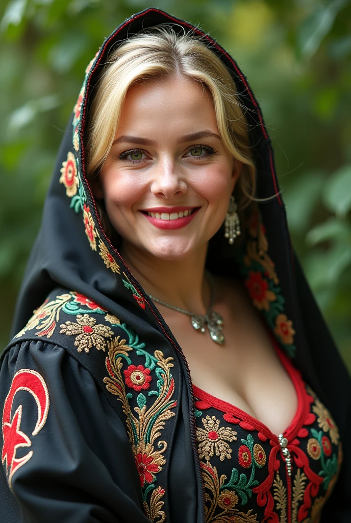 Close-up of a blonde, plump woman, wearing a black and white embroidered and decorated dress, with the Algerian flag over it, perfect clarity of the entire image, sharpness of the face and eyes, intricate details 64k 32k HDset green nature background