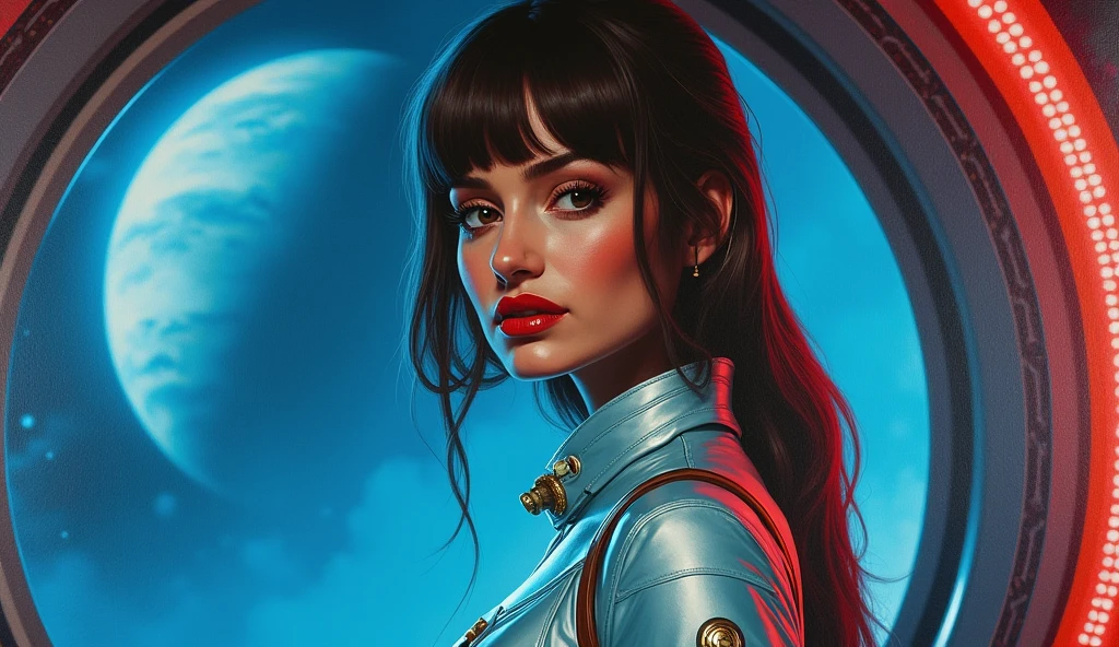 High-quality realistic acrylic art, VIVID COLORS, back point a view, a beautiful vintage european woman with brown straight hair, bangs, looking at the viewer with suspicious face and a shy smile, red lips, she wears sci-fi light blue metalic space suit, hands in the waist, dramatic blue red lights, in deep space with a partial planet in orbit