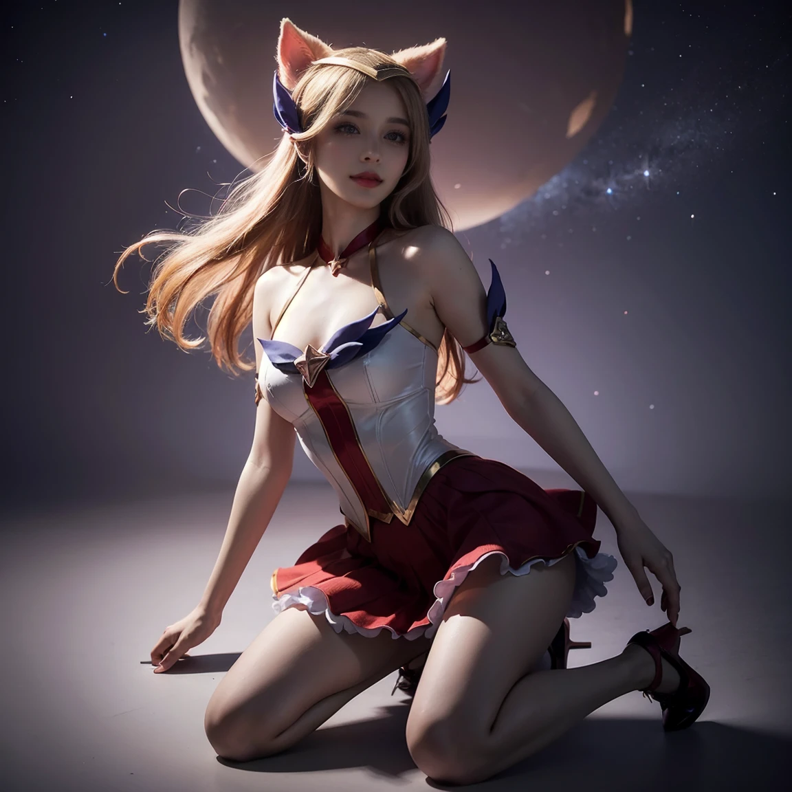 (masterpiece, best quality:1.2), Intricate details, Star Guardian Ahri, 1 Girl, Animal ears, Hair accessories, Separate sleeves, Bare shoulders, skirt, Magical girl, Multi-tail, Blonde Hair, A faint smile，Stockings，Big Breasts，White high heels，headband，whole body，（long hair： 1.5 ）、Bare shoulders、、Camera facing the audience
