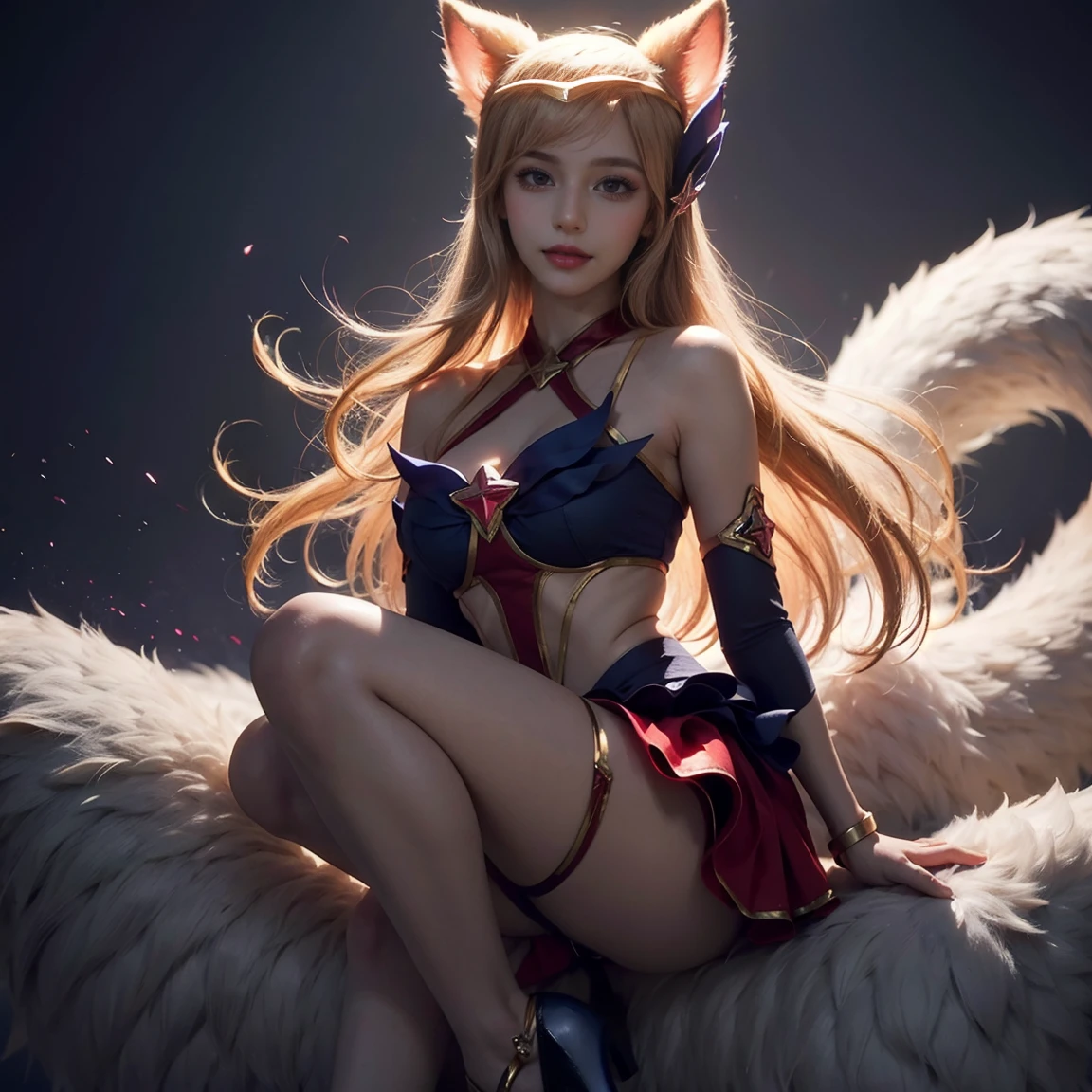 (masterpiece, best quality:1.2), Intricate details, Star Guardian Ahri, 1 Girl, Animal ears, Hair accessories, Separate sleeves, Bare shoulders, skirt, Magical girl, Multi-tail, Blonde Hair, A faint smile，Stockings，Big Breasts，White high heels，headband，whole body，（long hair： 1.5 ）、Bare shoulders、、Camera facing the audience