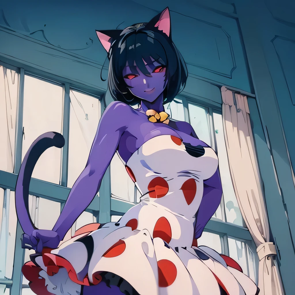 ((masterpiece,best quality,ultra-delicate,Perfect Face,16k,high resolution,very beautiful girl)), purple skin, cat ears, cat tail,
polka dots pattern white strapless dress, polka dots pattern white tights, black short hair, red eyes, large breasts, cute smile,cowboy shot
