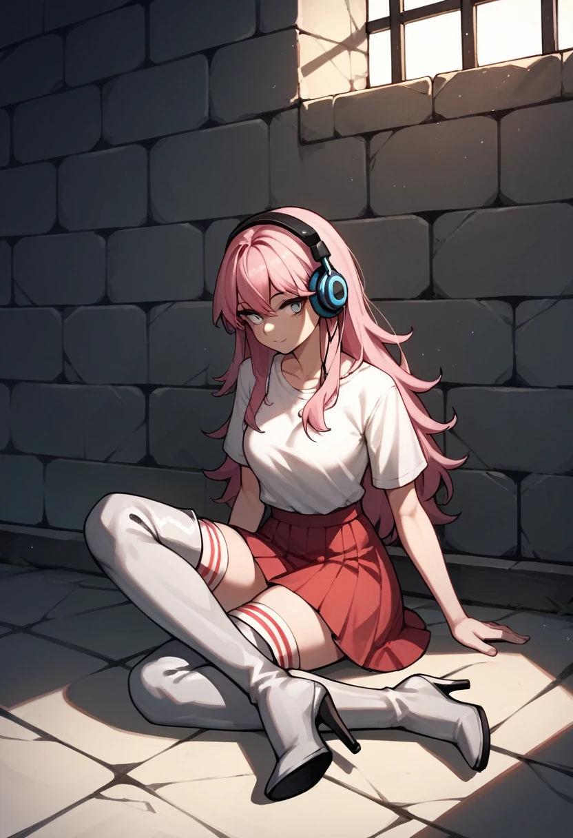 check_9, check_8_up, check_7_up, check_6_up, check_5_up, check_4_up, source_anime, 1 woman, sit, pink hair, long hair, white eyes, dirty hair, White shirt, red skirts, thigh high boots, heels,  stockings, Pol, dungeon, headphones, Best quality, better resolution, 4K, uhd,
 